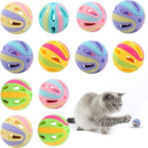 Fadcaer 12 Pcs Cat Toy Balls,5 CM Cat Bell Ball Toy for Playing Activity Chase Training Colorful Pet Plastic Interactive Balls Cat Play Toy with Bell Cat Toy Ball for Indoor Cats,Kittens