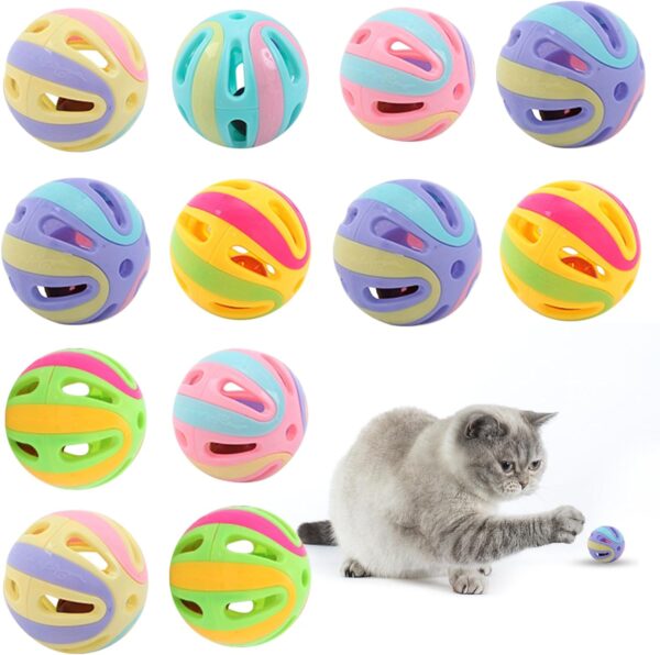 Fadcaer 12 Pcs Cat Toy Balls,5 CM Cat Bell Ball Toy for Playing Activity Chase Training Colorful Pet Plastic Interactive Balls Cat Play Toy with Bell Cat Toy Ball for Indoor Cats,Kittens