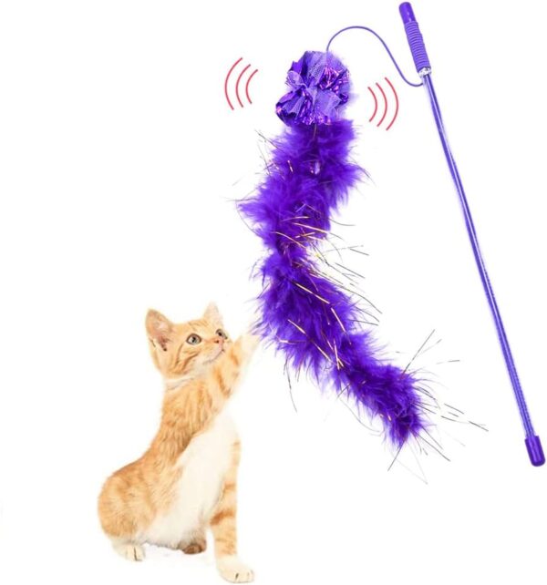 Funny Cat Stick,2 PCS Cat Feather Wand Retractable Interactive Cat Teaser Rods Cat Feather Wand Stick with Sound Paper for Indoor Cats Kitten Interactive Training