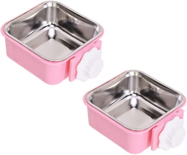 Fuwok 2-IN-1 Removable Dog Bowl for Crates Puppy Food Feeder Water Dish with Bolt Holder Stainless Steel Pet Hanging Bowl Food Water Bowl 2Pcs/Set (Small - Square, Pink)