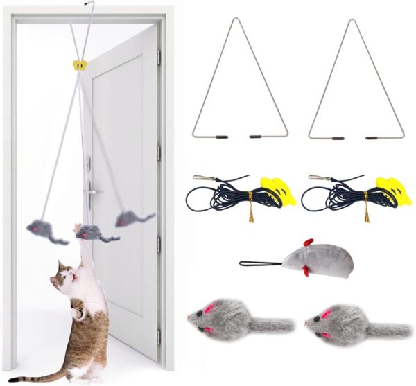 GWAWG Door Hanging Cat Toy,2PCS Interactive Cat Toy Mice Mouse Toys for Indoor Cats Kitten with a Extra Vocal Mice for Hunting Exercising