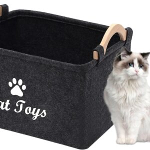 Geyecete Cat Toys Storage Bins - with Wooden Handle, Pet supplies storage Basket/Bin Kids Toy Chest Storage Trunk C705-Cat (Dark Grey)