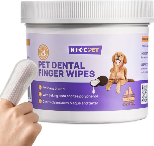 HICC PET Wider Teeth Cleaning Wipes for Dogs & Cats, Remove Bad Breath by Removing Plaque and Tartar Buildup No-Rinse Dog Finger Toothbrush, Disposable Gentle Cleaning & Gum Care Pet Wipes, 50 Counts