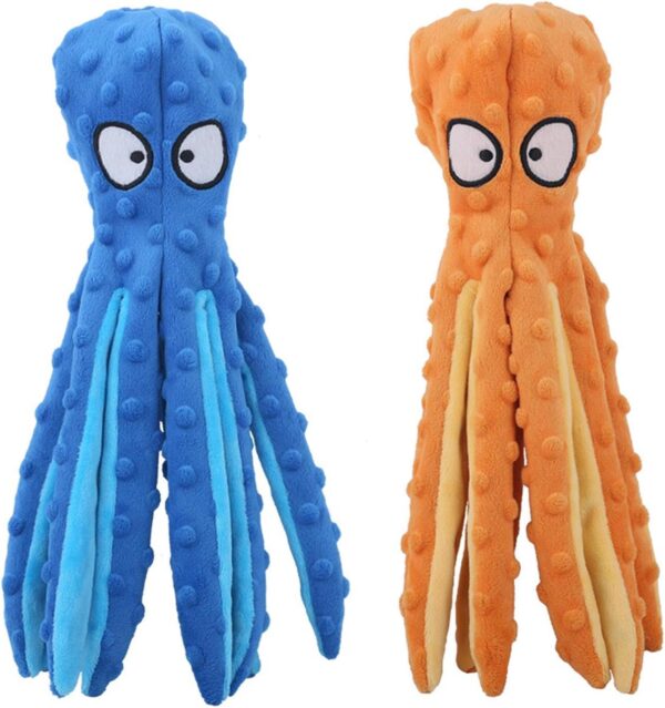 HYAKUSEI Plush Squeaky Dog Chew Toys, 2 Pack Soft Durable No Stuffing Puppy Toys Set with Sound Paper and Squeaky, for Small and Medium Dogs, Octopus