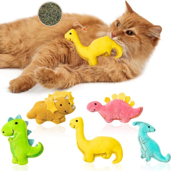 Haooryx 5Pcs Dinosaur Catnip Toys for Cat, Indoor Cat Chew Bite Bunny Kick Plush Catmint Pet Toys Supplies for Cat Lover Gifts, Interactive Cat Toy with Cute Expression for Pet Presents