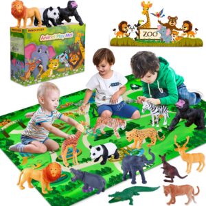 INNOCHEER Safari Animals Figures Toys, Realistic Wild Zoo Animals Figurines with Play Mat, Large Jungle Animals Playset with Elephant, Giraffe, Lion, Tiger, Gorilla Panda...for Kids Toddlers, Gift Set