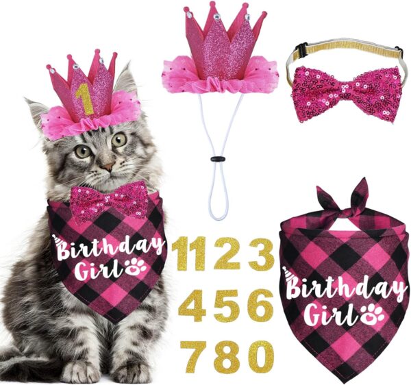 JOTFA Cat Birthday Party Supplies, Cat Birthday Outfits Cat Kitten Birthday Girl Bandanas with Cat Birthday Hat Crown Cat Bow Tie Birthday Number for Cat Kitten Birthday Decorations (Rose)