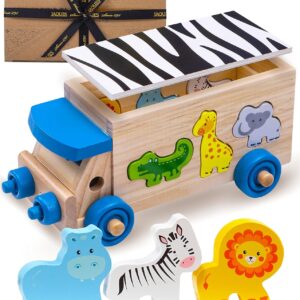 Jaques of London Wooden Shape Sorter for 1 Year Old | Wooden Toys | Safari Bus Animal Toys for 1 2 3 Year Olds | Baby Toys | Since 1795