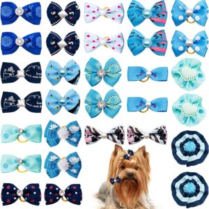 JpGdn 30PCS/15PAIRS Blue Dog Hair Bows with Rubber Bands Puppy Hair Bowknot Top Knot Elastic for Girl Female Doggy Cat Rabbit Poodle Pet Animal Grooming Accessories Attachment