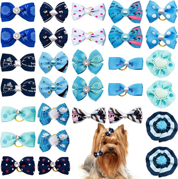 JpGdn 30PCS/15PAIRS Blue Dog Hair Bows with Rubber Bands Puppy Hair Bowknot Top Knot Elastic for Girl Female Doggy Cat Rabbit Poodle Pet Animal Grooming Accessories Attachment