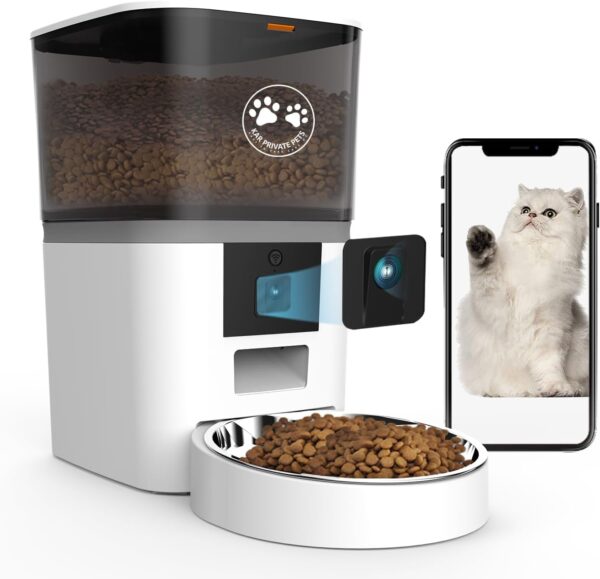 KAR PRIVATE PETS 6L WiFi Automatic Cat Feeder with Camera, Food Dispensers, Cat Feeder Automatic with Timer, Feeding & Watering Supplies for Cats, Dogs, Mobile APP Control (White)