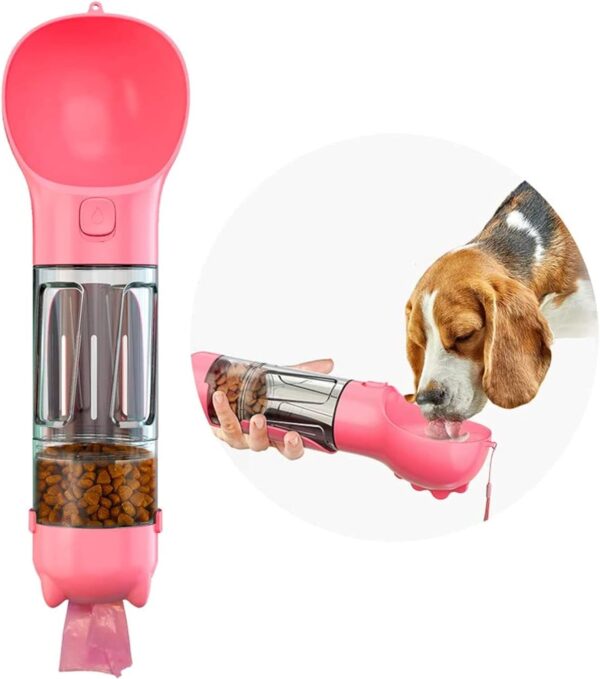 Kya Pet Products, Portable 4in1 Dog Water Bottle with Food Storage, Poop Bag Dispenser and Scoop Size-300ml, Colour-Pink