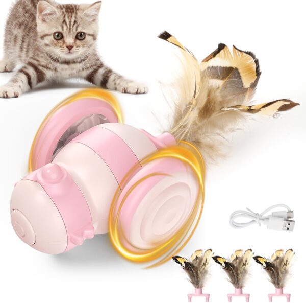 Lewondr Interactive Cat Toy for Indoor Cats, Bee Automatic Cat Toy with Feather & LED Lights, USB Rechargeable Moving Cat Toys Smart Sensing Electric Kitten Toys, Pink