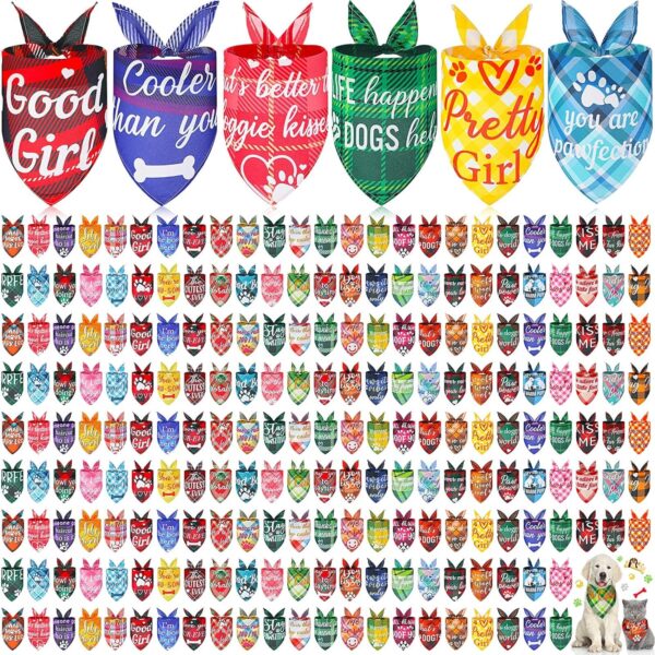 Locmeo 200 Pcs Plaid Dog Bandanas Bulk with Cute Sayings Dog Scarf Bibs Puppy Bandana Adjustable Washable Kerchief Pet Costume Grooming Supplies for Small to Large Girl Boy Cats Dogs (Classic Style)