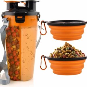 MATT SAGA Portable Pet Water Bottle and Food Container for Travel 2-in-1 Dual Chamber Bottle with 2 Collapsible Bowls Dogs Cats Feeder Water Food Bottle Outdoor Travel(Orange)