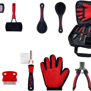 Masterclip Essentials Pet Grooming Set for Dogs Cats - Contains 8 Everyday Grooming Accessories; Dematting Comb, Nail Clippers, Nail Claw File, Double Sided Brushes & Comb, Grooming Glove & Flea Comb