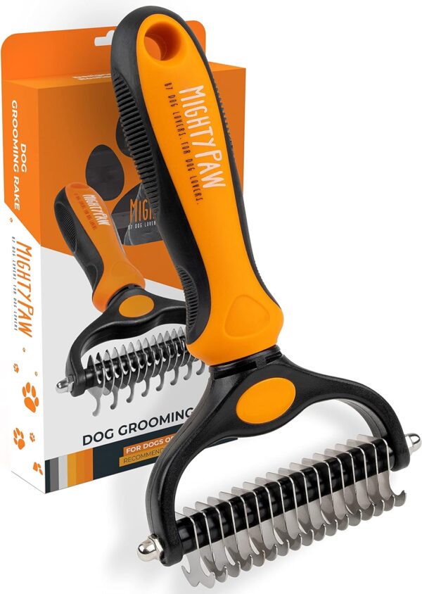 Mighty Paw Dog Grooming Brush | Pet Undercoat Dematting Rake with Rounded Teeth. Dog Comb for Detangling, Thinning, & Deshedding All Hair Types. Tool for Long Haired Shedding Dogs (Orange)