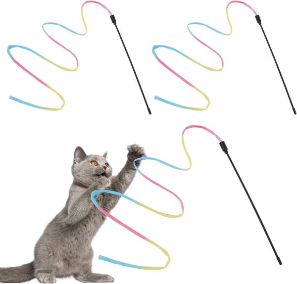 Molain Cat Wand Rainbow Toy, 3pcs Rainbow Ribbon Wand for Kittens Training, Rainbow Ribbon Cat Charmer Wand, Interactive Catcher Wand, Stick Toy for Kitten Cat Exerciser Playing(30cm)