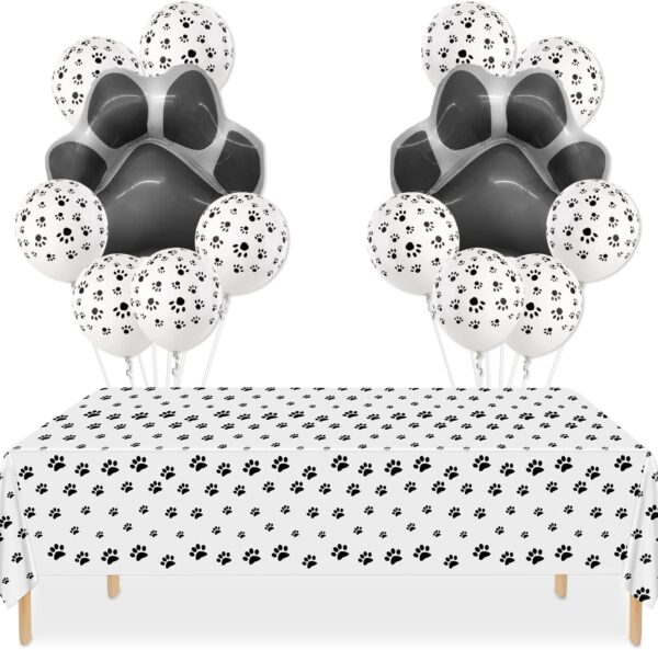 PIXHOTUL Dog Party Decorations - 3Pcs Black Puppy Paw Print Tablecloths, 14Pcs Dog Paw Foil Balloons Paw Pattern Disposable Table Cover for Dog Cat Themed Birthday Party Supplies