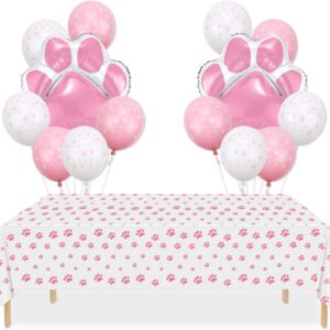 PIXHOTUL Dog Party Decorations - 3Pcs Pink Puppy Paw Tablecloths, 14Pcs Dog Paw Foil Balloons Paw Pattern Disposable Table Cover for Dog Cat Themed Birthday Party Supplies