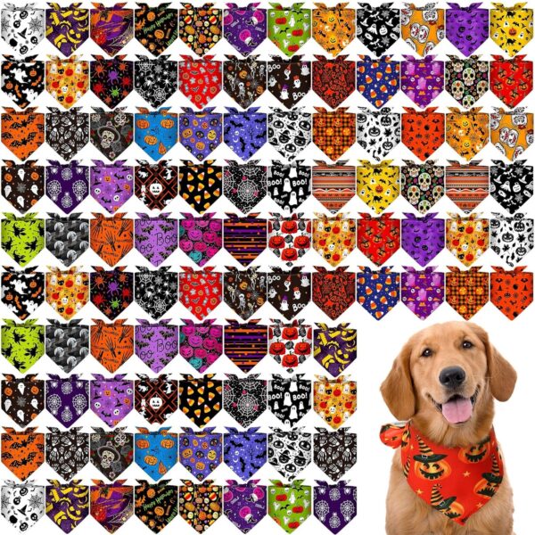 Paterr 100 Pieces Dog Bandanas Bulk Halloween Pet Handkerchief Soft Dog Triangle Bibs Cute Kerchief Adjustable Washable Pet Scarf Costume Accessory Decoration for Small Medium Dogs Puppy Cats