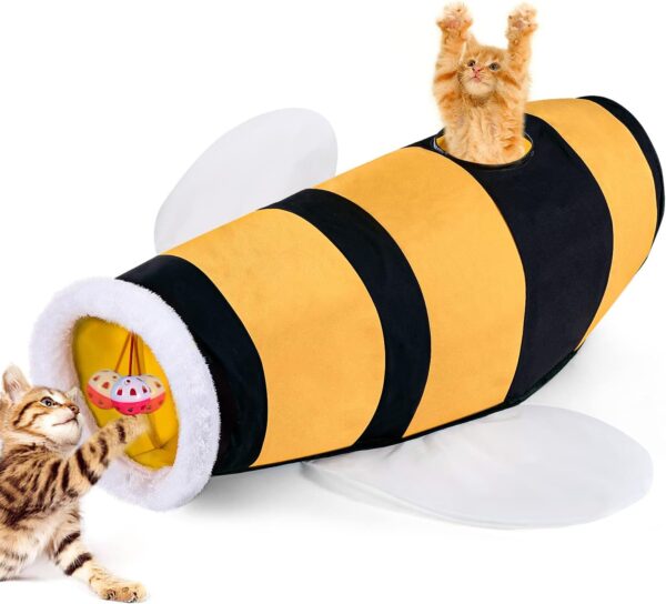 Pawaboo Cat Tunnel for Indoor Cat, Collapsible Cat Tube Tunnel Interactive Cat Toy Cat Play Tunnels with Bell Ball Crinkle Paper Peek Hole, Bee Theme Pet Tunnel Toy for Cat Kitten Kitty Puppy Rabbit