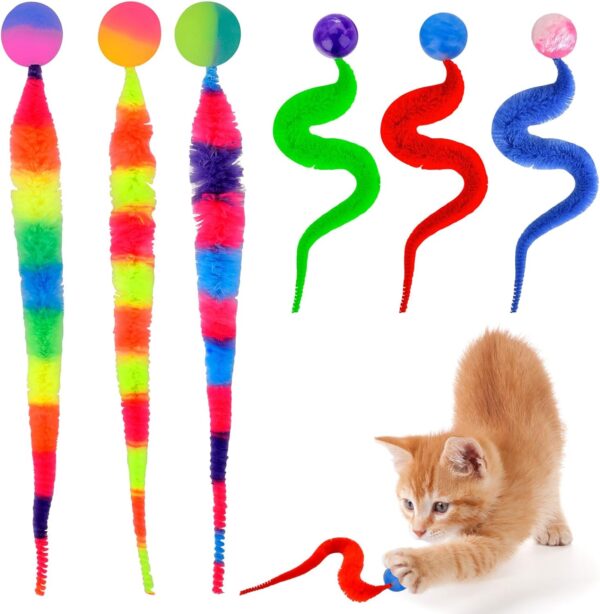 Pipihome Worm Cat Toys, Wiggly Cat Balls Toy, Interactive Cat Toy, Furry Tail Kitten Toys, Cat Wand Toys For Indoor Cats Adult, Cat Ball Toy For All Ages (Random Color-A)