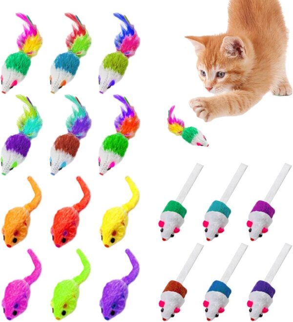 PuraQuot 18 PCS Plush Mouse Toys Making Rattle, Soft Mouse Toys with Cloth Tail Playing Chewing Teeth, Small Mouse Catnip Toys with Feather Tail Furry Interactive Cat Toy