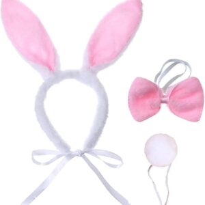 RmKbe 3 Pieces Easter Dog Bunny Costume Set Easter Rabbit Ear Pet Headband Bowtie Plush Rabbit Tail Party Costume Accessory for Dogs Cats