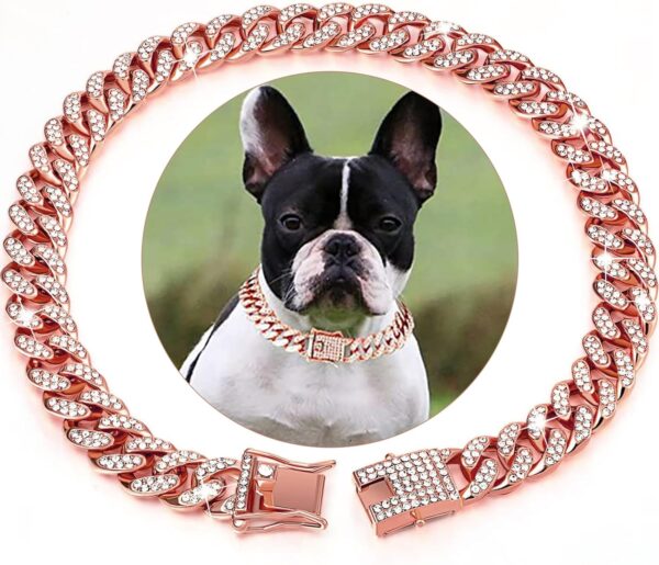 Rosegold Dog Chain Diamond Cuban Collars Walking Rosegold Metal Chain Collar with Design Secure Buckle,Pet Cuban Crystal Jewelry Collar Necklace Accessories for Dogs Cats(Rosegold,10inch)