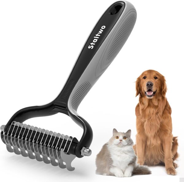 STALTWO Pet Grooming Supplies - 2-in-1 Professional Undercoat Rake and Pet Brush | Shedding Control for Long-Haired Dogs and Cats, Deshedding Tool, Knot Removal,Grey