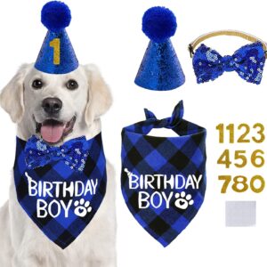 STMK Dog Birthday Party Supplies, Dog Birthday Bandana Boy and Dog Birthday Number Hat with Dog Bow Tie Collar for Medium Large Dogs (Blue Style)