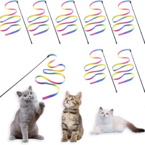 SYEYCW 8 Pcs Cat Wand Toys, Cat Wand Interactive Toy, Kitten Accessories, 30cm Cat Interactive Wand with 60cm Rainbow Ribbon String, Cat Tous for Pet Kitten Training Exerciser, Indoor Kitten Catcher