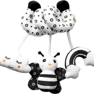 Spiral Pram Hanging Toys for Babies,Black and White Pram Toys,Spiral Activity Hanging Toys Car Seat Toys,Wrap Around Crib Sensory Early Education Toys, Squeak Animal Plush Hanging Toys (Honeybee)