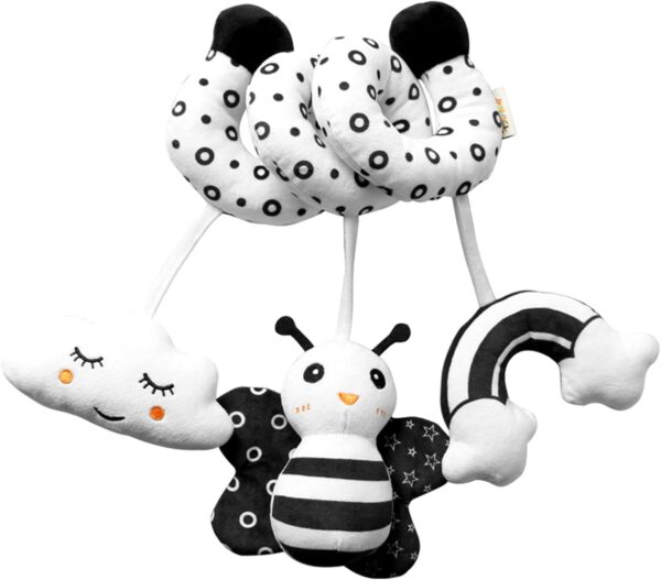 Spiral Pram Hanging Toys for Babies,Black and White Pram Toys,Spiral Activity Hanging Toys Car Seat Toys,Wrap Around Crib Sensory Early Education Toys, Squeak Animal Plush Hanging Toys (Honeybee)