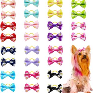 Symphonyw Dog Hair Bows, 28 Pcs Daisy Flower Dog Hair Bows with Elastic Rubber Bands, Pet Dog Grooming Hair Bands Hair Accessories for Long Hair Puppy Kitten Dogs Cats Random Color