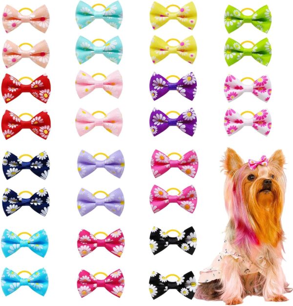 Symphonyw Dog Hair Bows, 28 Pcs Daisy Flower Dog Hair Bows with Elastic Rubber Bands, Pet Dog Grooming Hair Bands Hair Accessories for Long Hair Puppy Kitten Dogs Cats Random Color