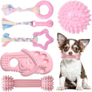 TENGZHI 6 PACK Durable Rubber Chew Toys for Puppies Small Dogs - Soft Rubber Funny Slippers Ball Donut Indoor Outdoor Toys Perfect for Teething and Playtime (Pink)