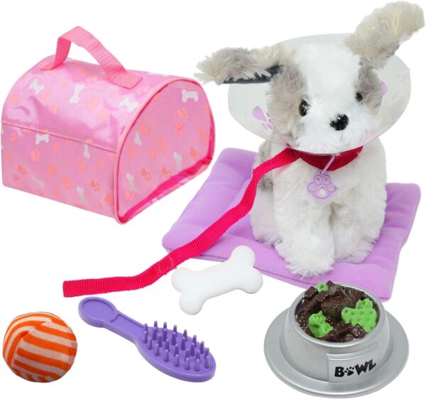 The New York Doll Collection Plush Puppy Dog Accessories Toy Play Set for Kids, Pretend Dog Toy Playset Includes Bed, Carrier, Toy Dog Collar & More, Pet Toy fits 18 Inch Dolls