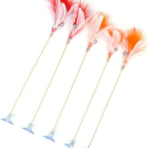 Tiardey 5pcs Cat Toy Feather Stick Spring Suction Cup With Bell Spring Mouse Pet Supplies Spring Feather Pet Elastic Feathers