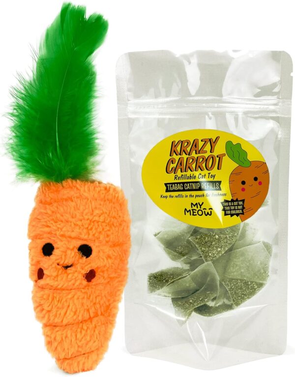 WufWuf MyMeow Krazy Carrot Refillable Cat Toy with 10 North American Natural Catnip Refill Bags, Interactive Indoor and Outdoor Cat Nip Toy for Cats and Kittens