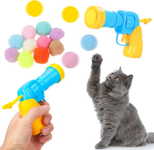 Xialvyu 2 Pack Interactive Cat Toy, Plush Ball Shooting Gun for Cats, Cat Ball Toy with 100 Pcs Plush Balls, Silent Cat Toys Interactive for Indoor Cats, Kittens Training Chasing