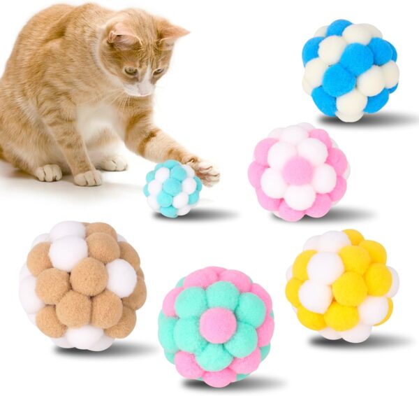 Yasdyri Cat Toys Balls 6 Pieces Colorful Cat Balls with Bells 5cm Soft Cat Pom Poms Balls Cats Interactive Ball Toy for Cats Kitten Indoor Outdoor Playing Chewing Scratching