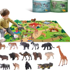 YouCute 15 Animal Toys for 3 4 5 6 Years Old Boys Girls Jungle Wild Set Educational Plastic Animal Toys with Play Mat Lion Tiger Party Gifts for Kids