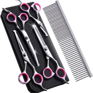 Zwini Pet Grooming Scissors Set 5 in 1 Stainless Steel Pet Trimmer Kit Pet Grooming Scissors Set Hair Care for Dog Cat With 7.5-inch Cutting Scissors Thinning Shear Curved Scissors Grooming Comb