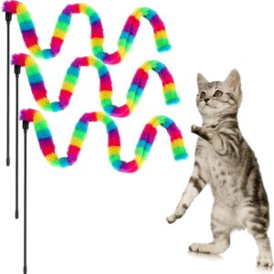 cobee 3 Pack Interactive Cat Wand Toys, Interactive Teaser Toys Cat Wand Toys Rainbow Color Interactive Cat Toys for Indoor Cats Kittens Kitty Training Pets Exerciser