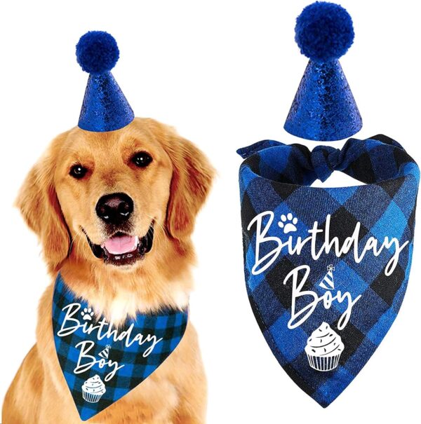 easycozy Classic Blue Plaid Pet Puppy Dog Bandana with Dog Birthday Party Hat Accessories, Boy Dog Birthday Bandana Scarf Bibs for Pet Birthday Outfit Party Supplies Set